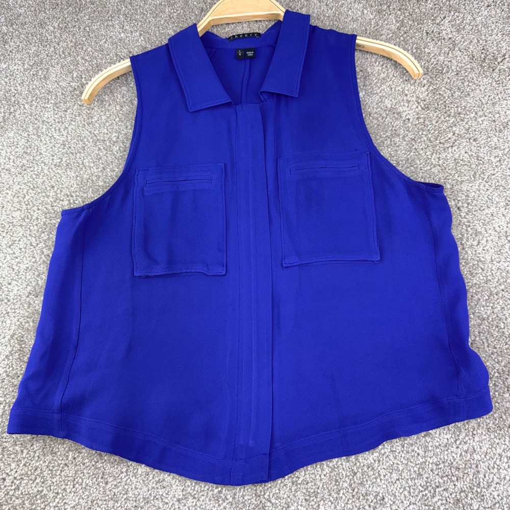 Theory Gemia Silk Top Womens L Blue Sleeveless Button Down Pocket Modern Classic